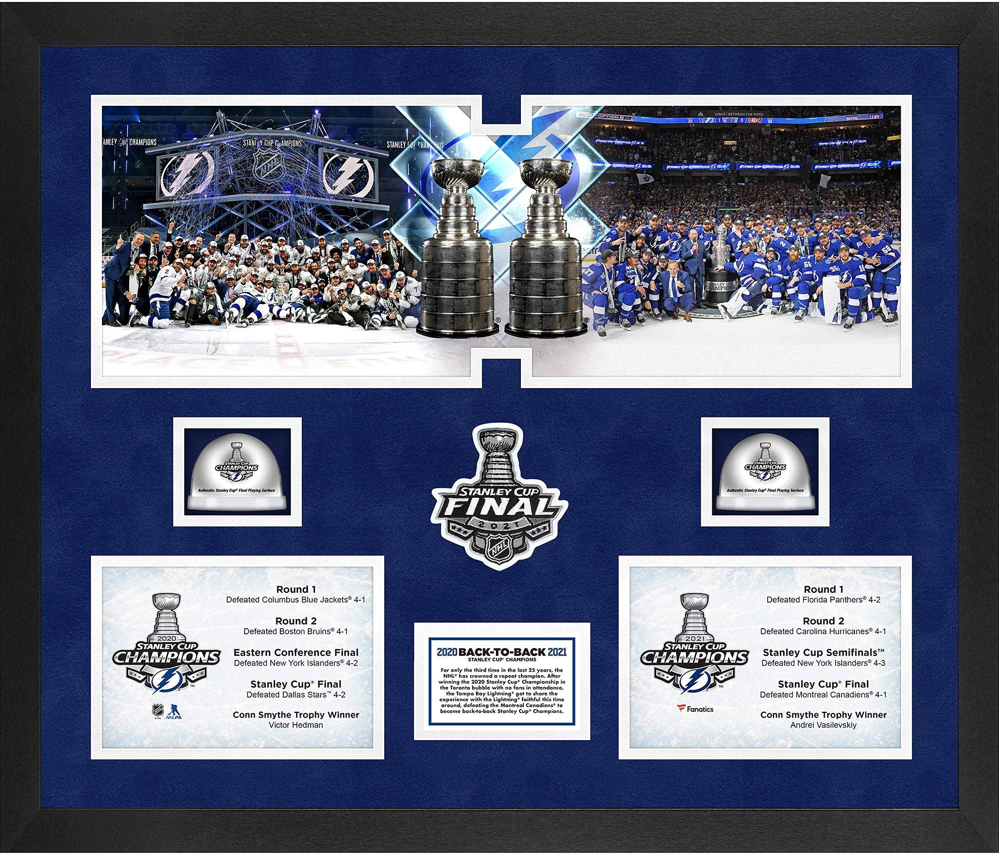 Tampa Bay Lightning 2021 Stanley Cup Champions Framed 20'' x 24'' Back to Back Champions 3-Photograph Collage with Game-Used Ice from the 2020 & 2021 Stanley Cup Final - Limited Edition of 813 - NHL