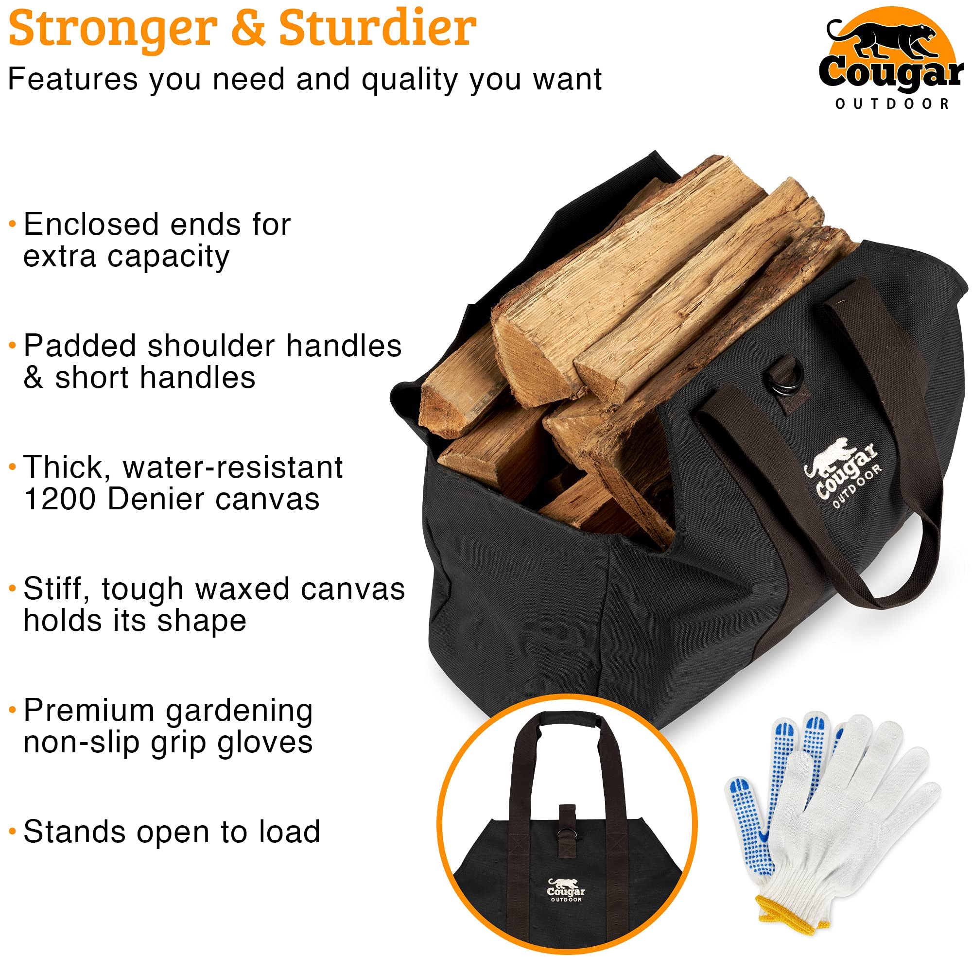 Cougar Outdoor Firewood Carrier Log Carrier (Black) – Waterproof, Heavy Duty, XXL Capacity Canvas Wood Carrying Bag for Firewood, Camping, Wood Fire Stove & Fireplace Gift for Him Idea