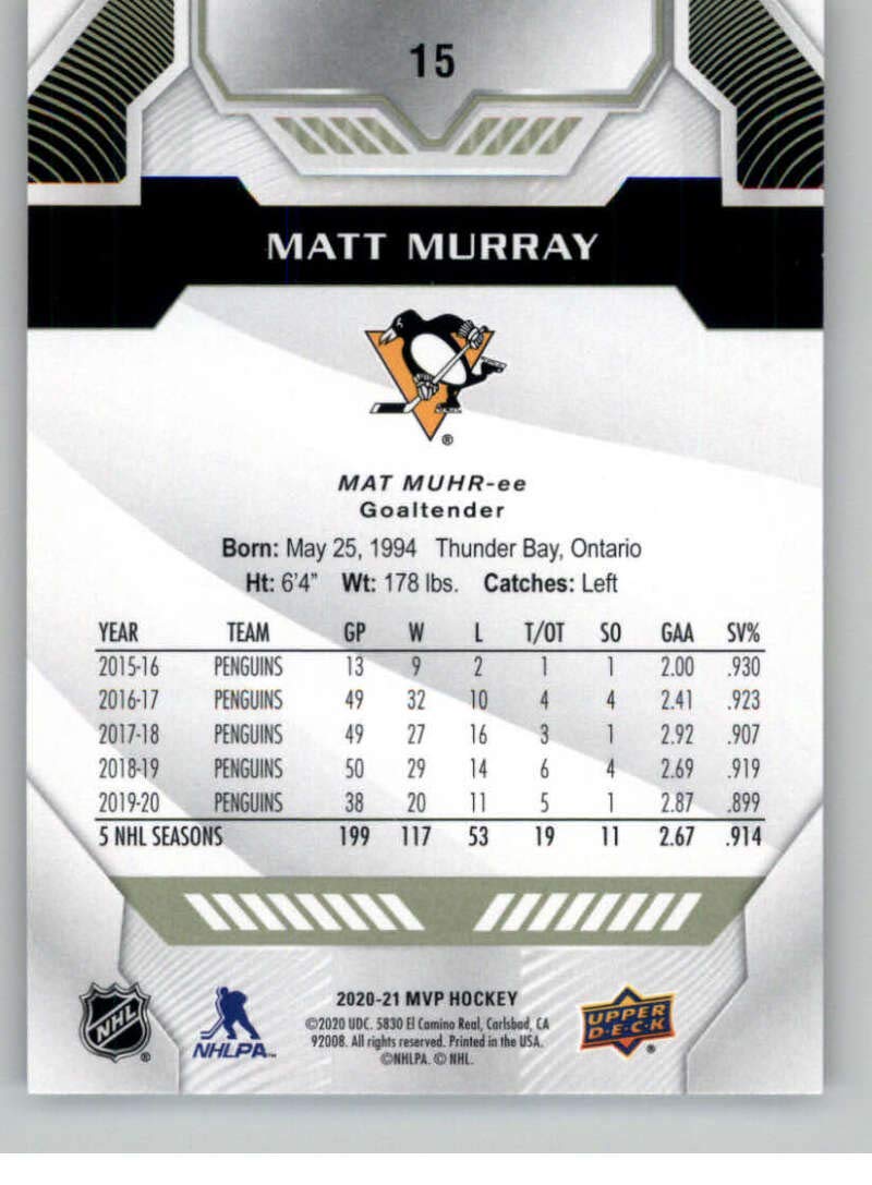 2020-21 Upper Deck MVP #15 Matt Murray Pittsburgh Penguins NHL Hockey Card NM-MT