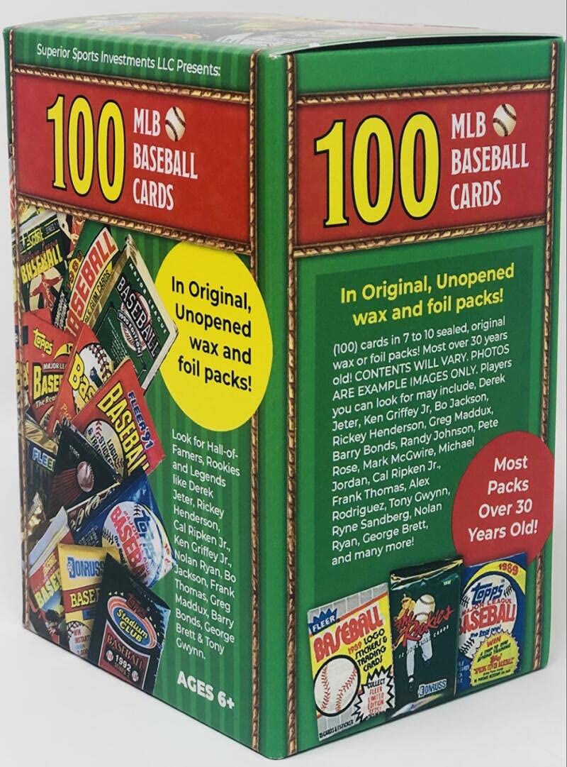 Superior Sports Investments LLC 100 MLB Baseball Cards in Original Unopened Wax and Foil Packs Blaster Box Look for Hall-of-Famers Such As Cal Ripken, Ken Griffey Jr, Nolan Ryan, Frank Thomas, Don Mattingly, Wade Boggs, George Brett & Tony Gwynn.