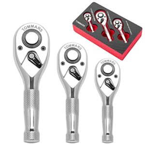 tommars stubby ratchet set, 1/4", 3/8", 1/2" drive ratchet handle wrench 72-tooth quick-release reversible