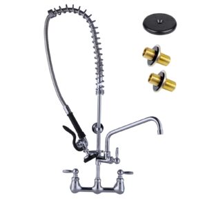 8 inch center wall mount commercial sink faucet with sprayer, 36'' height with pull down pre-rinse sprayer, thickened hose with 12" spout for 2-3 compartment sink for restaurant