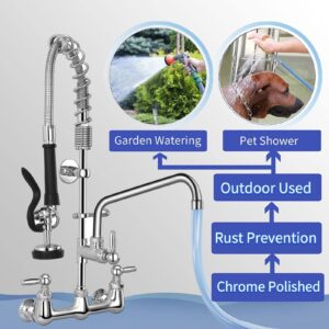 8 Inch Center Wall Mount Commercial Sink Faucet with Sprayer, 36'' Height with Pull Down Pre-Rinse Sprayer, Thickened Hose with 12" spout for 2-3 Compartment Sink for Restaurant