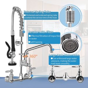 8 Inch Center Wall Mount Commercial Sink Faucet with Sprayer, 36'' Height with Pull Down Pre-Rinse Sprayer, Thickened Hose with 12" spout for 2-3 Compartment Sink for Restaurant