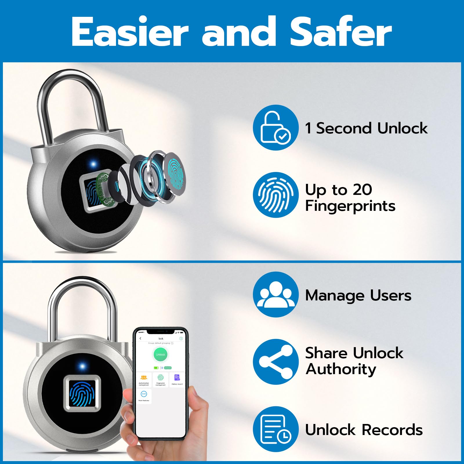 Eseesmart Fingerprint Padlock, Locker Bluetooth, Mobile APP, Smart Padlock with Keyless Biometric, Water Resistant, Suitable for Gym, School, Luggage Bags, Locker and Storage