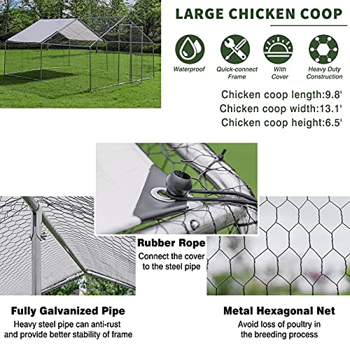 JOIONE Large Metal Chicken Coop with Waterproof & Anti-UV Cover, Galvanized Steel Coops for Outdoor Backyard Farm Garden (9.8' x 13.1' x 6.5')