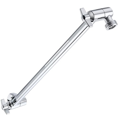 15 Inch Extra Long Adjustable Shower Head Extension Arm With Locking Set Screw, Singing Rain Solid Brass Chrome Finish Angle Height Adjustable, Easy To Install, G1/2 Universal Connector Compatible