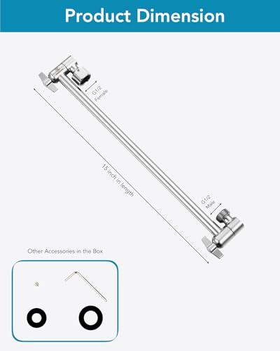 15 Inch Extra Long Adjustable Shower Head Extension Arm With Locking Set Screw, Singing Rain Solid Brass Chrome Finish Angle Height Adjustable, Easy To Install, G1/2 Universal Connector Compatible