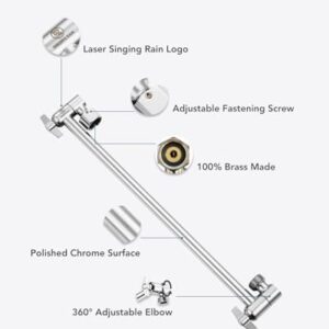 15 Inch Extra Long Adjustable Shower Head Extension Arm With Locking Set Screw, Singing Rain Solid Brass Chrome Finish Angle Height Adjustable, Easy To Install, G1/2 Universal Connector Compatible