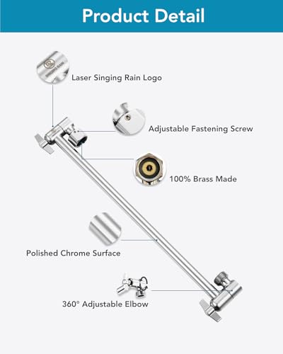 15 Inch Extra Long Adjustable Shower Head Extension Arm With Locking Set Screw, Singing Rain Solid Brass Chrome Finish Angle Height Adjustable, Easy To Install, G1/2 Universal Connector Compatible