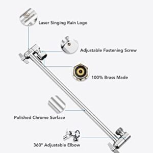 15 Inch Extra Long Adjustable Shower Head Extension Arm With Locking Set Screw, Singing Rain Solid Brass Chrome Finish Angle Height Adjustable, Easy To Install, G1/2 Universal Connector Compatible