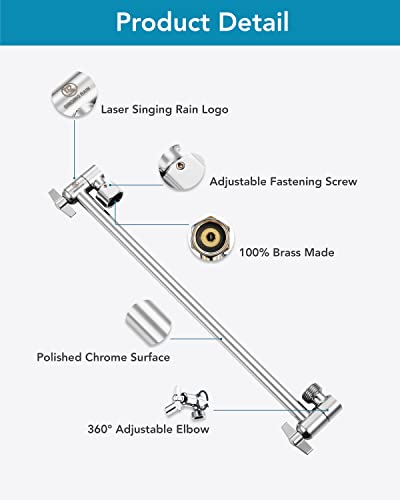 15 Inch Extra Long Adjustable Shower Head Extension Arm With Locking Set Screw, Singing Rain Solid Brass Chrome Finish Angle Height Adjustable, Easy To Install, G1/2 Universal Connector Compatible