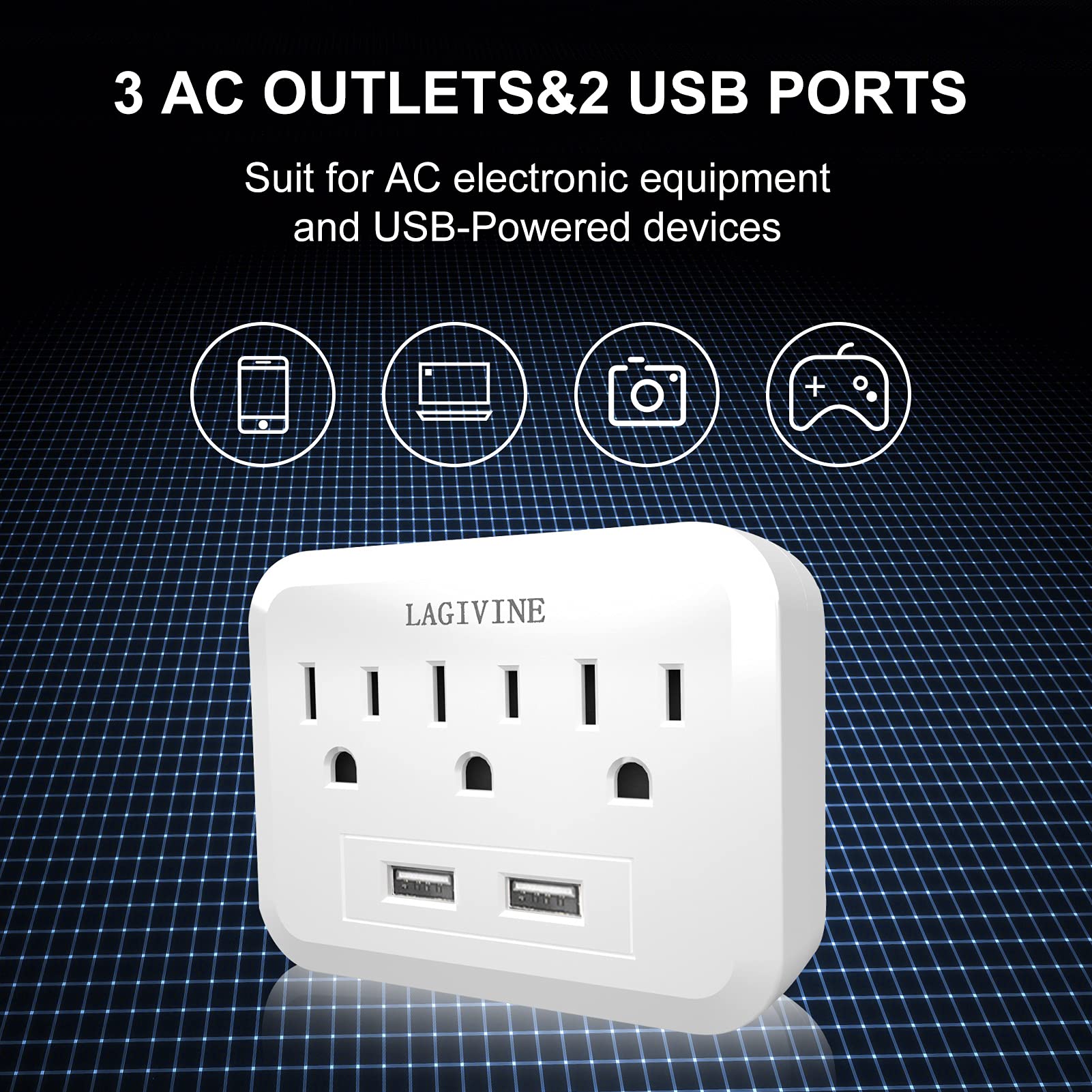 USB Wall Charger Surge Protector, 3 Outlet Extender with 2 USB Ports Outlet Adapter,Multi Plug Outlet Splitter for Travel, Home Office Accessories(White)