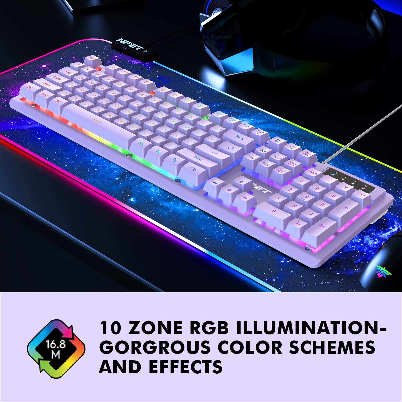 NPET K10 Wired Gaming Keyboard, RGB Backlit, Spill-Resistant Design, Multimedia Keys, Quiet Silent USB Membrane Keyboard for Desktop, Computer, PC (Purple)