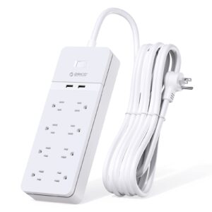 power strip surge protector, orico 25ft extension cord with usb ports, 8 outlet & 2 usb flat plug power strip, 15a circuit breaker(1850w/15a), wall mount for home, office, hotel, etl listed-white