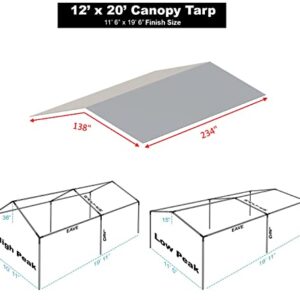 Carport Canopy Cover 12' x 20' Cut Size, 11'6" x 19'6" Finish Size Heavy Duty Tarp Tent Roof White and Silver, Only Cover (Silver 12x20)