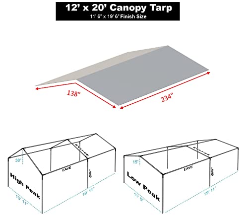 Carport Canopy Cover 12' x 20' Cut Size, 11'6" x 19'6" Finish Size Heavy Duty Tarp Tent Roof White and Silver, Only Cover (Silver 12x20)