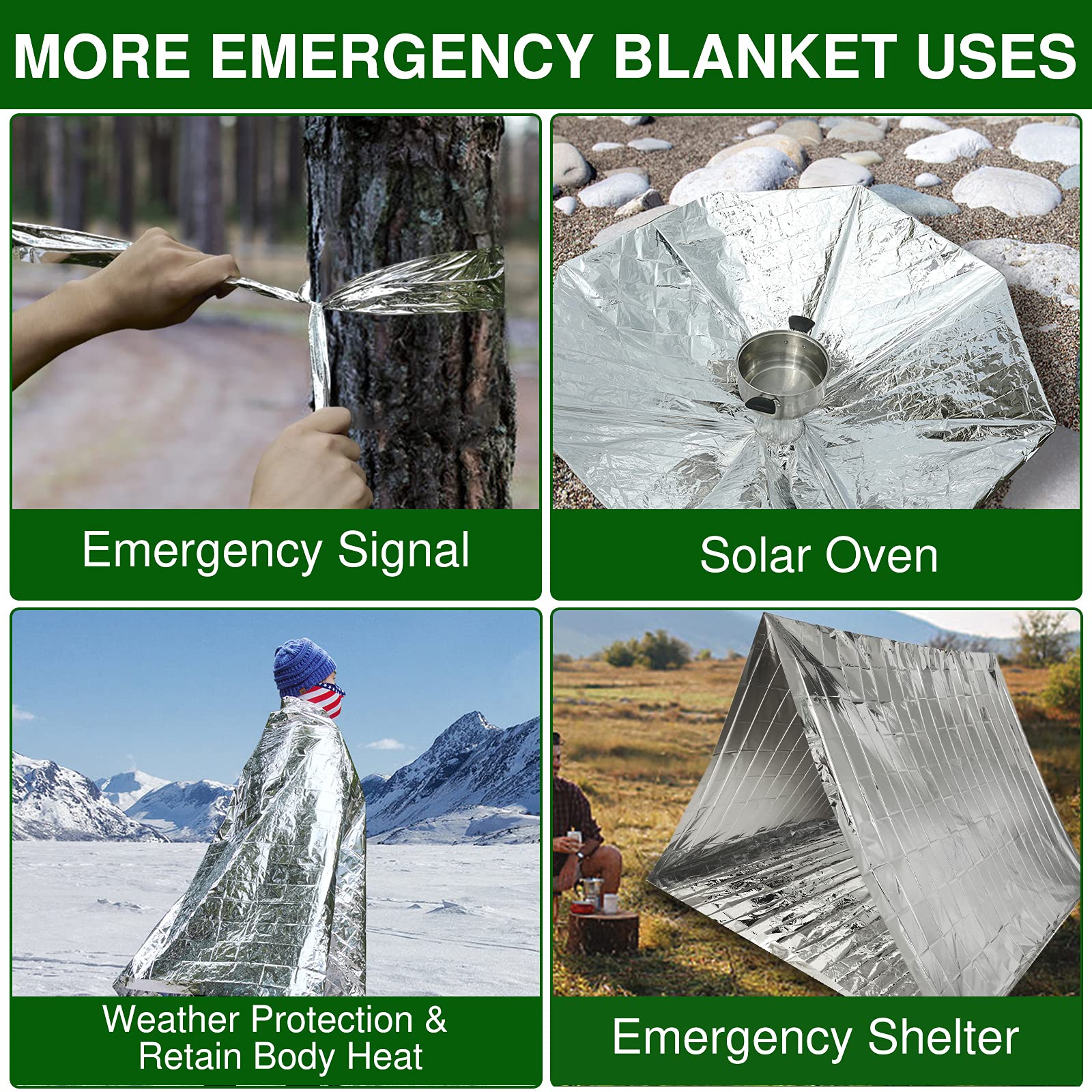 Emergency Blankets for Survival Blanket x4, Mylar Blankets, Space Blanket Thermal Blanket Emergency Supplies Car Emergency Thermal Blankets Survival for Bug Out Gear Camping Foil Blanket Solar Blanket