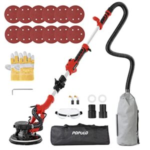 populo drywall sander, 810w 7a electric drywall sander with vacuum attachment, variable speed 900-1,800rpm power wall sander with 12 pcs sanding discs, led light, dust hose, and extension handle