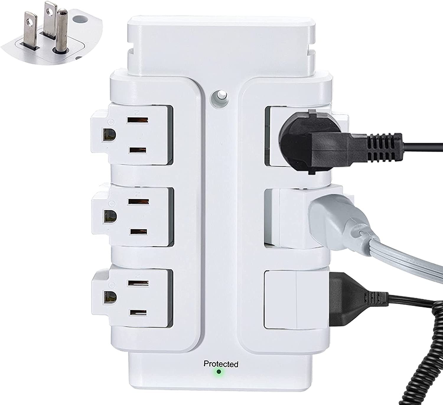 Outlet Extender, 6 90° Rotating Plugs, 15A, 125V, 1875W, 540J, Power Strip, Surge Protector Power Strip for Travel Hotel Office Home Wall Surge Protector, White