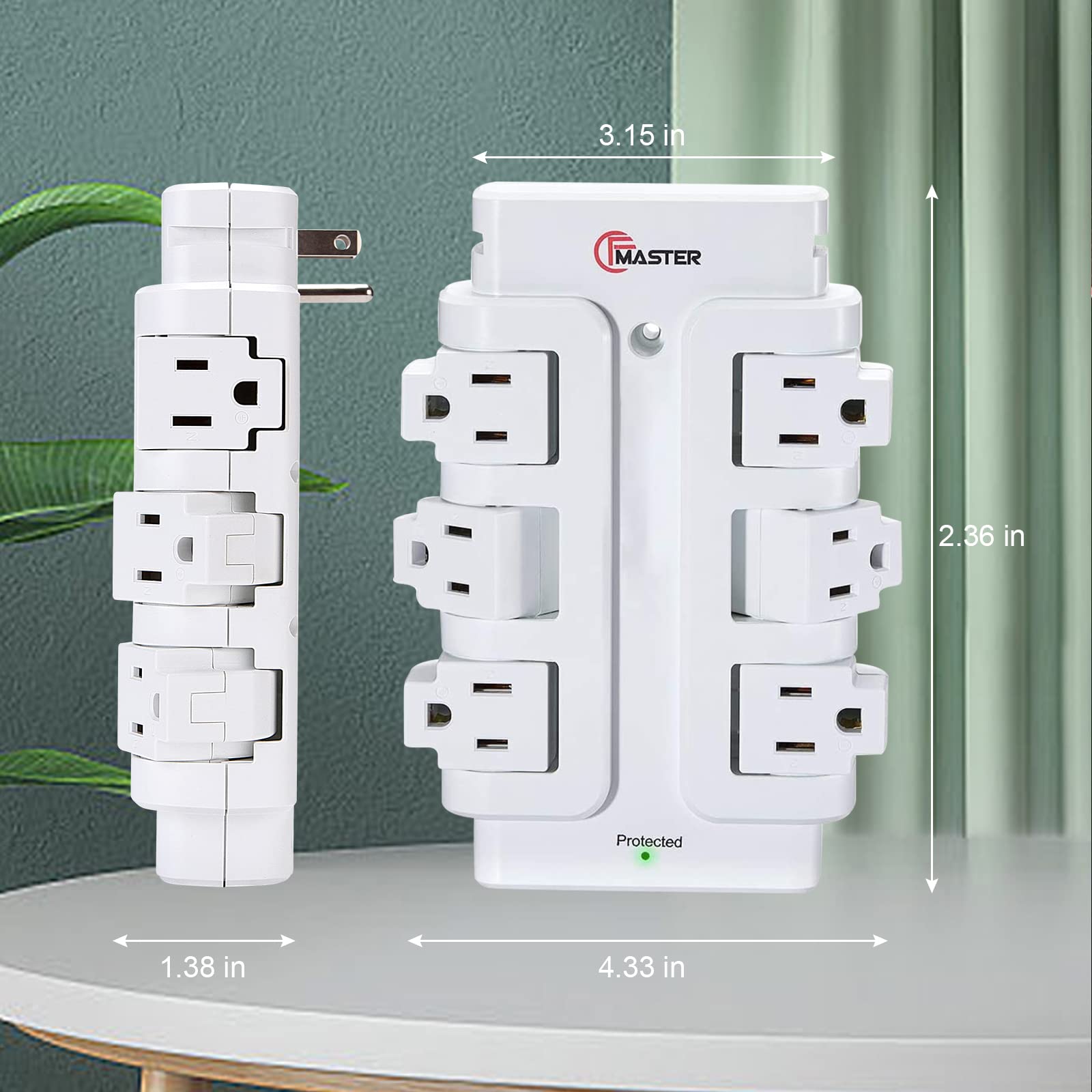 Outlet Extender, 6 90° Rotating Plugs, 15A, 125V, 1875W, 540J, Power Strip, Surge Protector Power Strip for Travel Hotel Office Home Wall Surge Protector, White