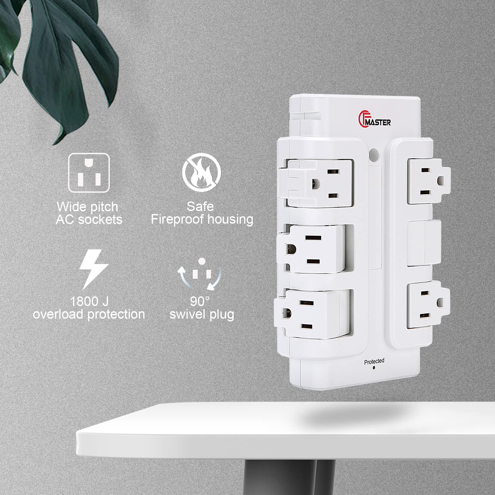 Outlet Extender, 6 90° Rotating Plugs, 15A, 125V, 1875W, 540J, Power Strip, Surge Protector Power Strip for Travel Hotel Office Home Wall Surge Protector, White