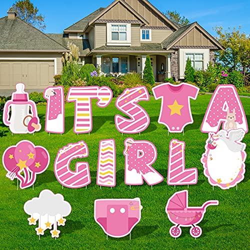 RUODON 15 Pieces IT'S A GIRL Pink Yard Sign with Stakes Baby Shower Yard Sign Welcome Home Girl Lawn Sign Gender Reveal Yard Signs for Lawn Decorations