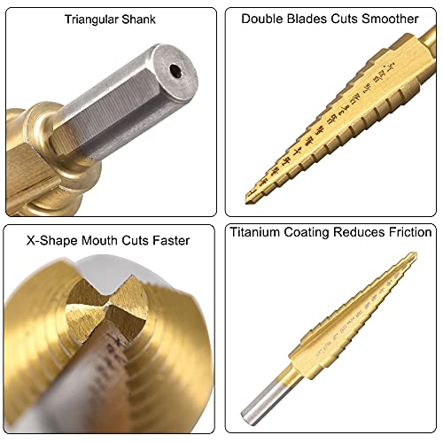 uxcell Step Drill Bit HSS4241 1/8" to 1/2" 13 Sizes Straight Flutes Triangular Shank for Metal Wood Plastic 2Pcs