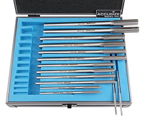 Accusize Industrial Tools Over and Under Sizes 0.1240'' Thru 0.5010'' HSS M2 Premium Chucking Reamer Set, Right Hand Cut, 14pcs/Set, 5528-SX00