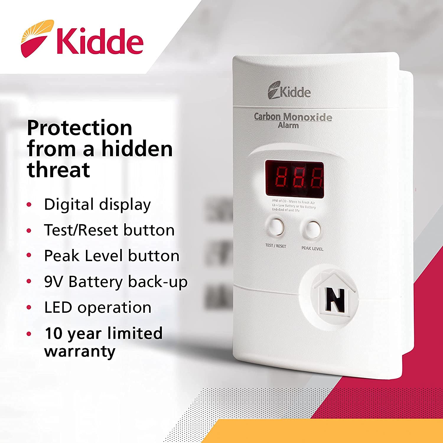 Kidde Carbon Monoxide Detector, Plug In Wall with 9-Volt Battery Backup, Digital LED Display, 2 Pack