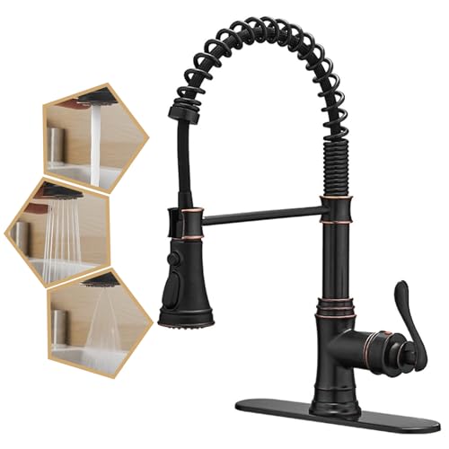 BATHLAVISH Kitchen Faucet Oil Rubbed Bronze with Pull Down Sprayer Black Single Handle Bar Sink Farmhouse Commercial with 10 inch Hole Cover Plate Solid Brass Lead-Free