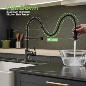 BATHLAVISH Kitchen Faucet Oil Rubbed Bronze with Pull Down Sprayer Black Single Handle Bar Sink Farmhouse Commercial with 10 inch Hole Cover Plate Solid Brass Lead-Free