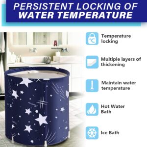 BDL Portable Bathtub, Foldable Adult Japanese Soaking Bath Tub, BDL Freestanding Ice and Hot tubs with Thermal Foam, Folding Spa Bath Tub for Small Spaces Free Pillow and Storage Bag Starry Night Blue