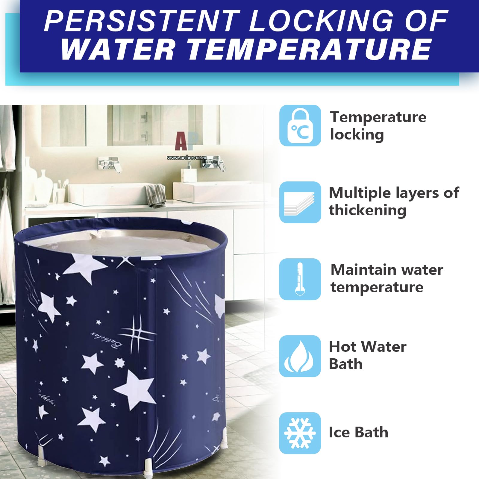 BDL Portable Bathtub, Foldable Adult Japanese Soaking Bath Tub, BDL Freestanding Ice and Hot tubs with Thermal Foam, Folding Spa Bath Tub for Small Spaces Free Pillow and Storage Bag Starry Night Blue