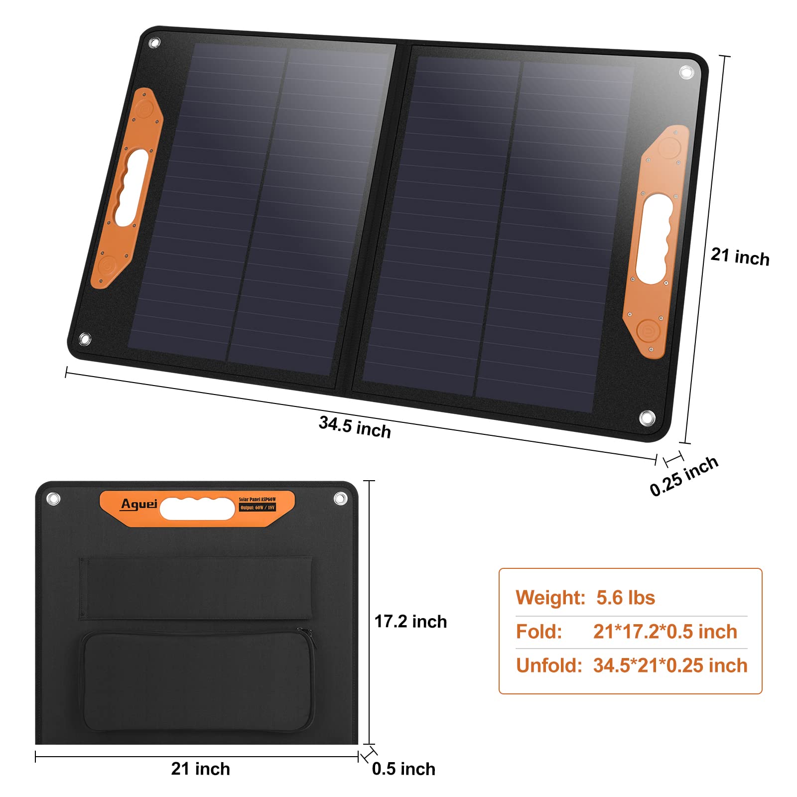 60W Foldable Solar Panel Monocrystalline,Aguei Solar Charger for Power Station,12V Battery,Solar Generator with Adjustable Kickstand and 3 USB for Outdoor Camping Vanlife RV Off Grid