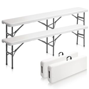 vingli 6 feet plastic folding bench,portable in/outdoor picnic party camping dining seat, garden soccer multipurpose entertaining activities, smooth hdpe tabletop, 2 pack, white