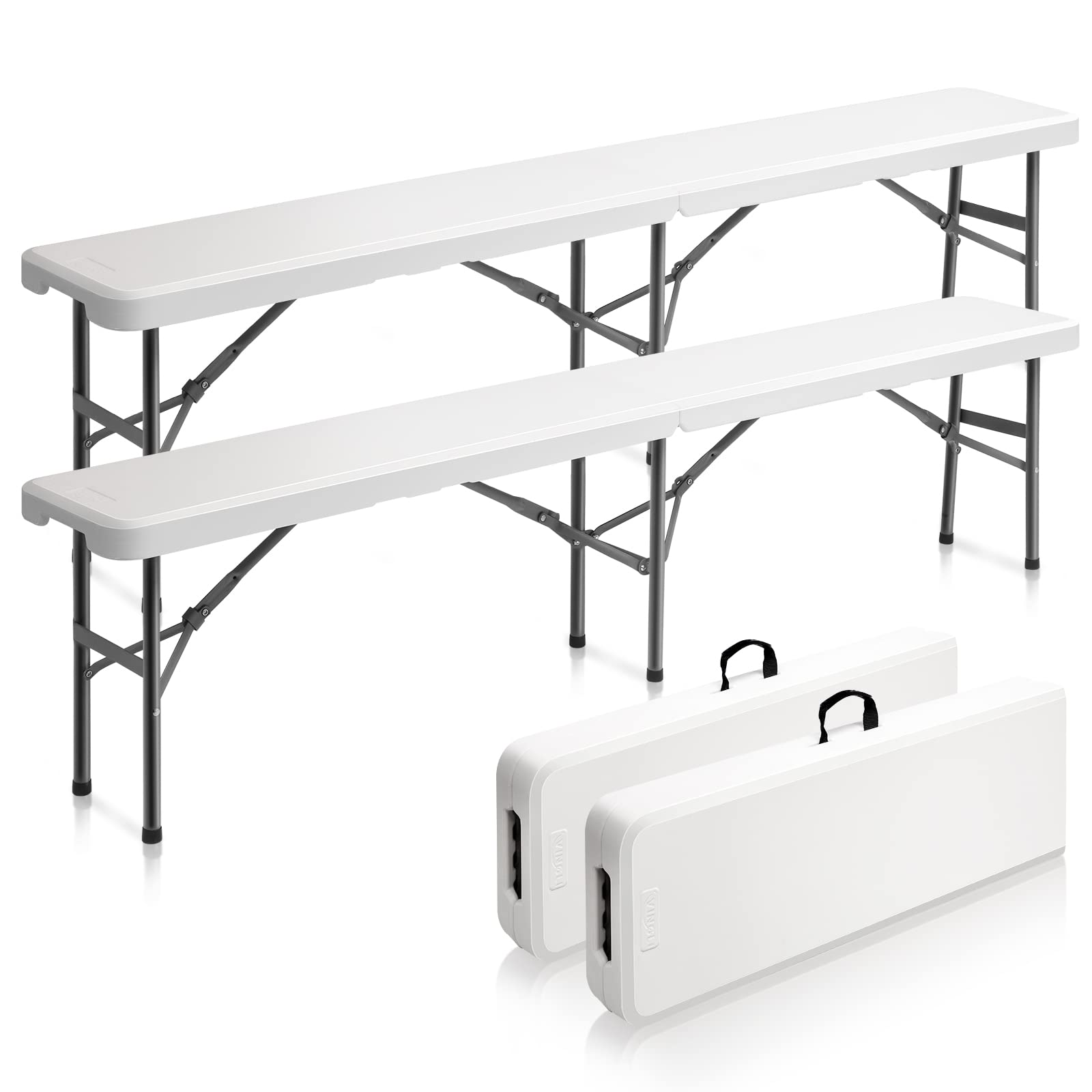 VINGLI 6 feet Plastic Folding Bench,Portable in/Outdoor Picnic Party Camping Dining Seat, Garden Soccer Multipurpose Entertaining Activities, Smooth HDPE Tabletop, 2 Pack, White