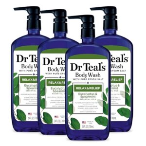 dr teal's body wash with pure epsom salt, relax & relief with eucalyptus & spearmint, 24 fl oz (pack of 4) (packaging may vary)