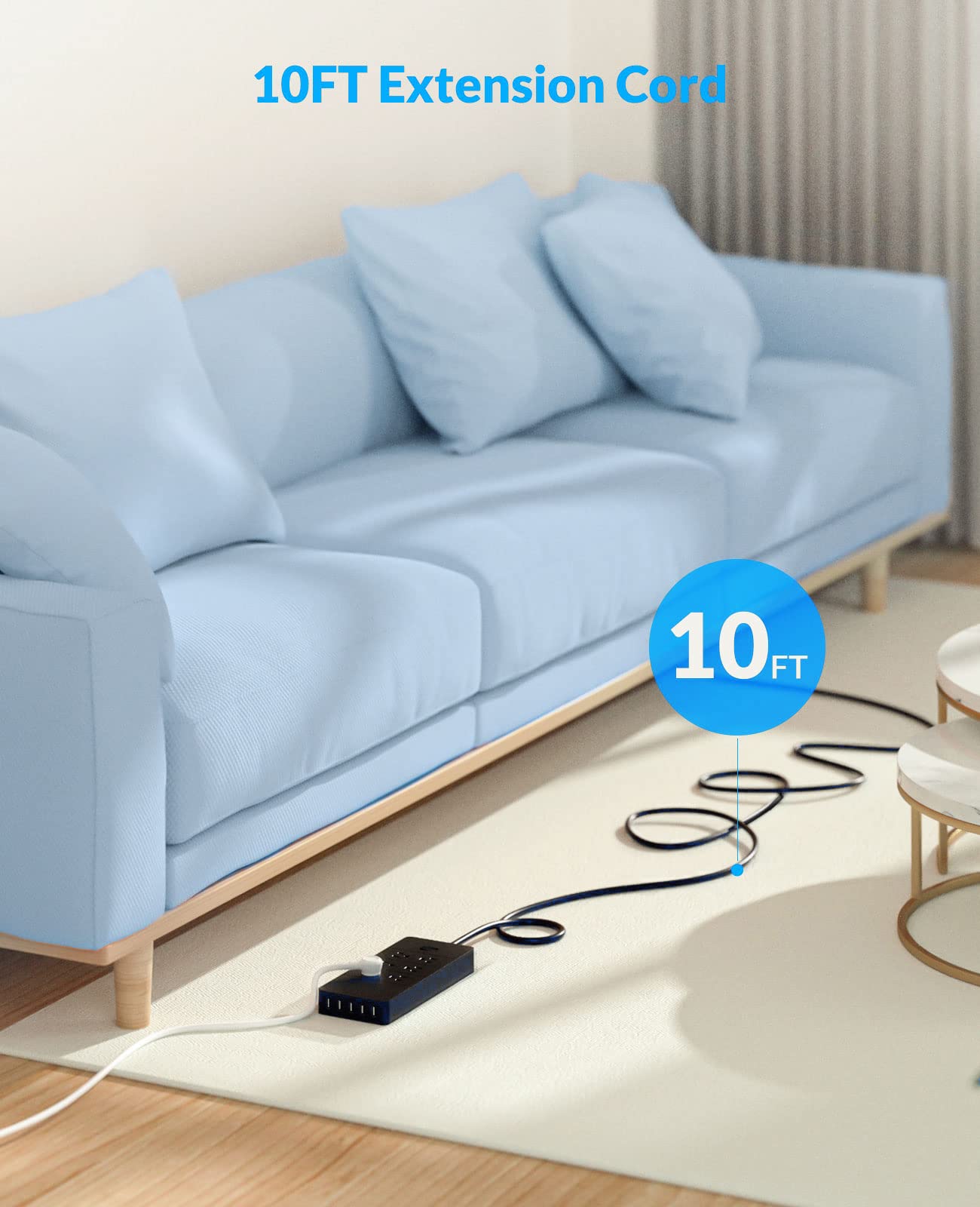 ORICO Power Strips with 6 Outlets & 5 USB Ports, Surge Protector Power Strip Flat Extension Cord 10 FT(1875W/15A), 1700 Joules for Home & Office Accessories, ETL Listed- Black