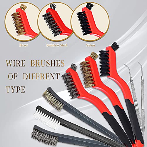 HUNTACE Small Wire Brush Set - Brass/ Stainless Steel/ Nylon Brushes for Cleaning Rust Removal, Dirt, Paint Scrubbing Wire Brush Set Double-Ended Cleaning Pick