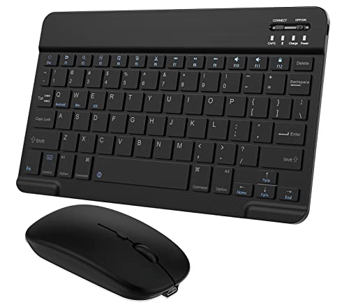 Ultra-Slim Small Bluetooth Keyboard and Mouse Combo Portable Rechargeable Cordless Wireless Keyboard for Android Tablet Cell Phone Samsung Smartphone iPhone iPad Mini Pro Air Windows Surface (Black)