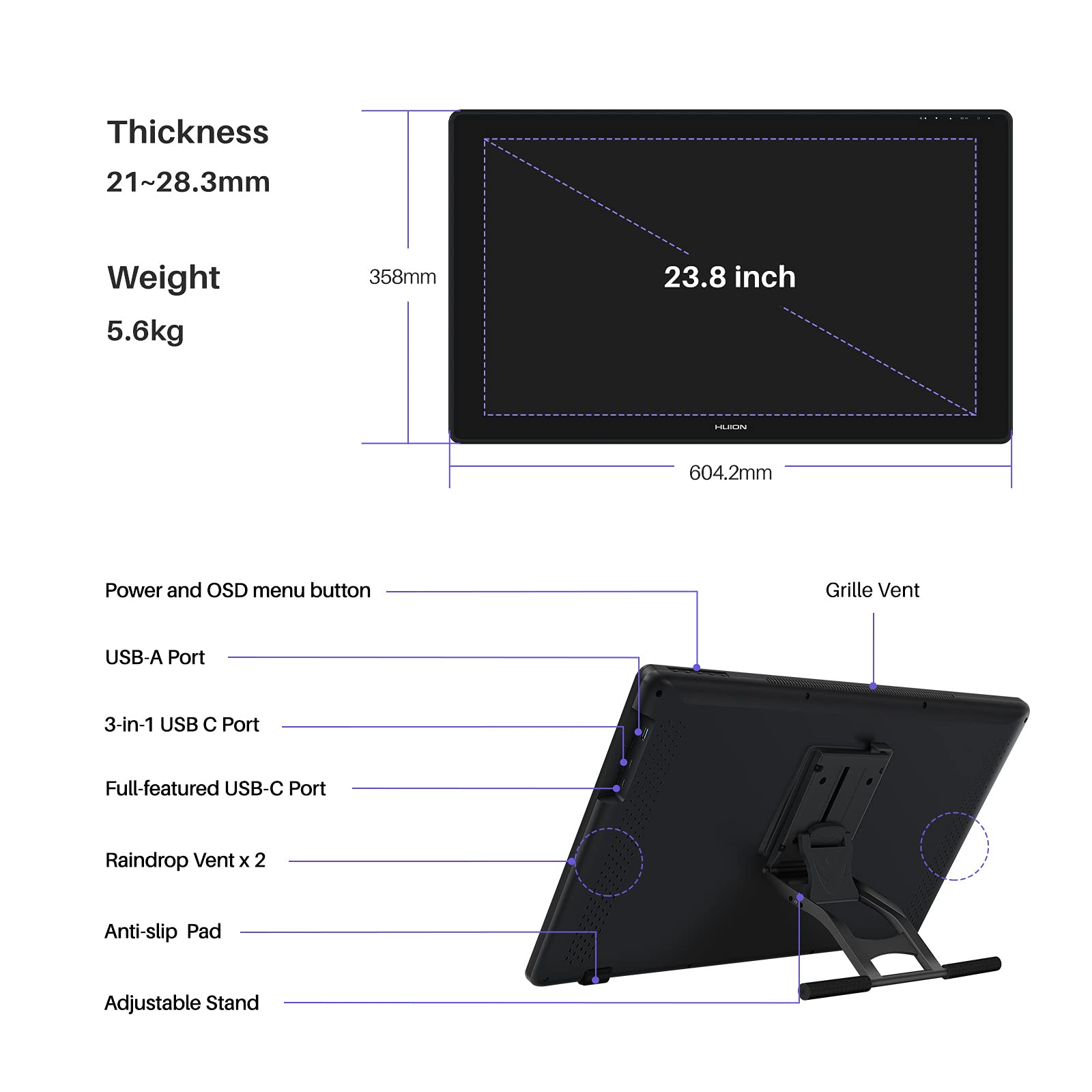 HUION Kamvas 24 Plus 2.5K QHD Graphic Drawing Tablet with Screen, 140% sRGB Full-Laminated QD Drawing Monitor with Battery-Free Stylus 8192 Pen Pressure Tilt for PC, Mac, Android, 23.8inch Pen Display