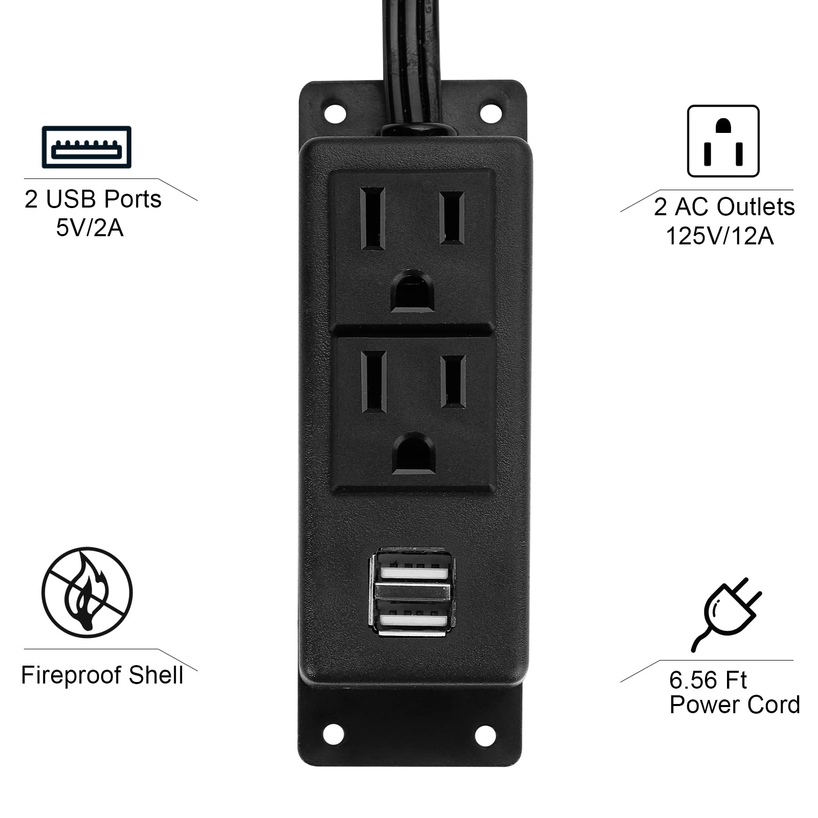 Power Strip with USB, BTU Desktop Power Outlet with 2 AC Outlets, 2 USB Ports, 6.56ft Extension Cord, Mountable Under Desk, Workbench, Nightstand, Dresser, Table, Black