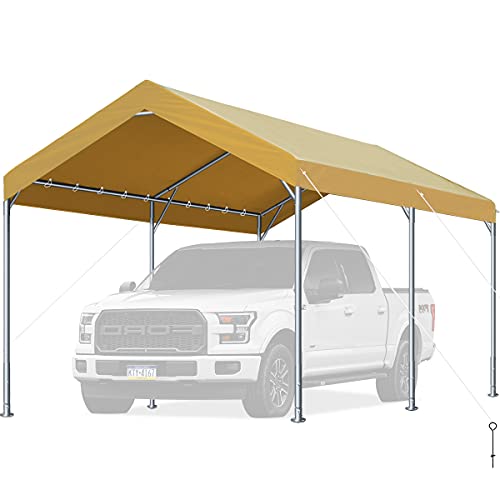 FINFREE 10 x 20 ft Heavy Duty Carport with 4 Sandbags, Car Canopy for Auto, Boat & Market Stall, Adjustable Height from 9.5 ft to 11 ft,Beige