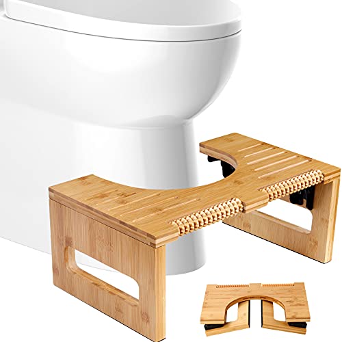 Bamboo 7-Inch Height Toilet Stool, Foldable and No-Slip Toilet Potty Stool with Foot Massager for The Bathroom, Portable Toilet Squatting Stool for Adults and Kids