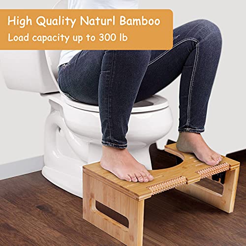 Bamboo 7-Inch Height Toilet Stool, Foldable and No-Slip Toilet Potty Stool with Foot Massager for The Bathroom, Portable Toilet Squatting Stool for Adults and Kids