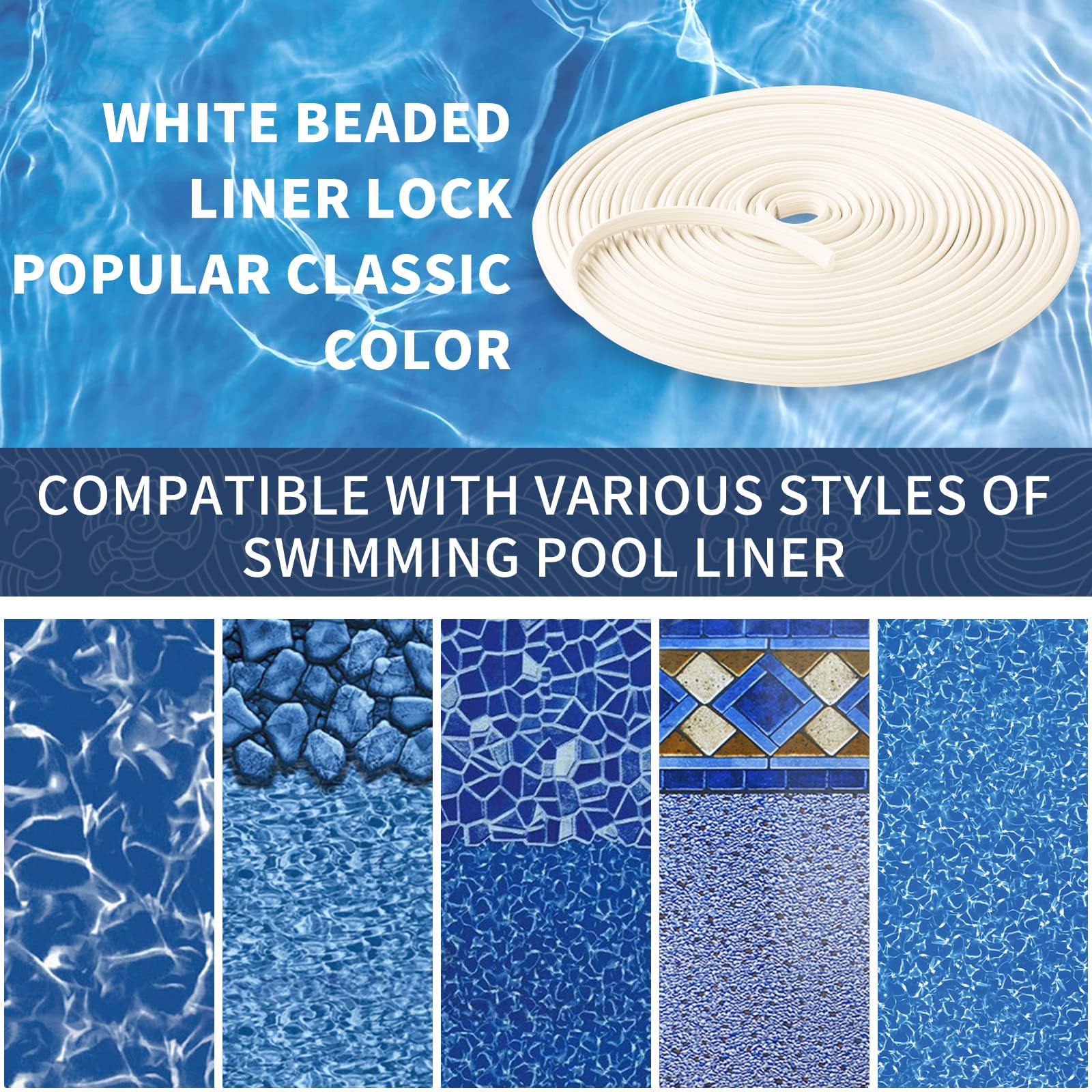 Swimming Pool Liner Locking Strips - 120ft White Pool Bead Wedge Lock Roll, Pliable Plastic Flexible Pool Liner Repair Kit Fit for most Above-Ground & In-Ground Swimming Pool Vinyl Beaded Liners