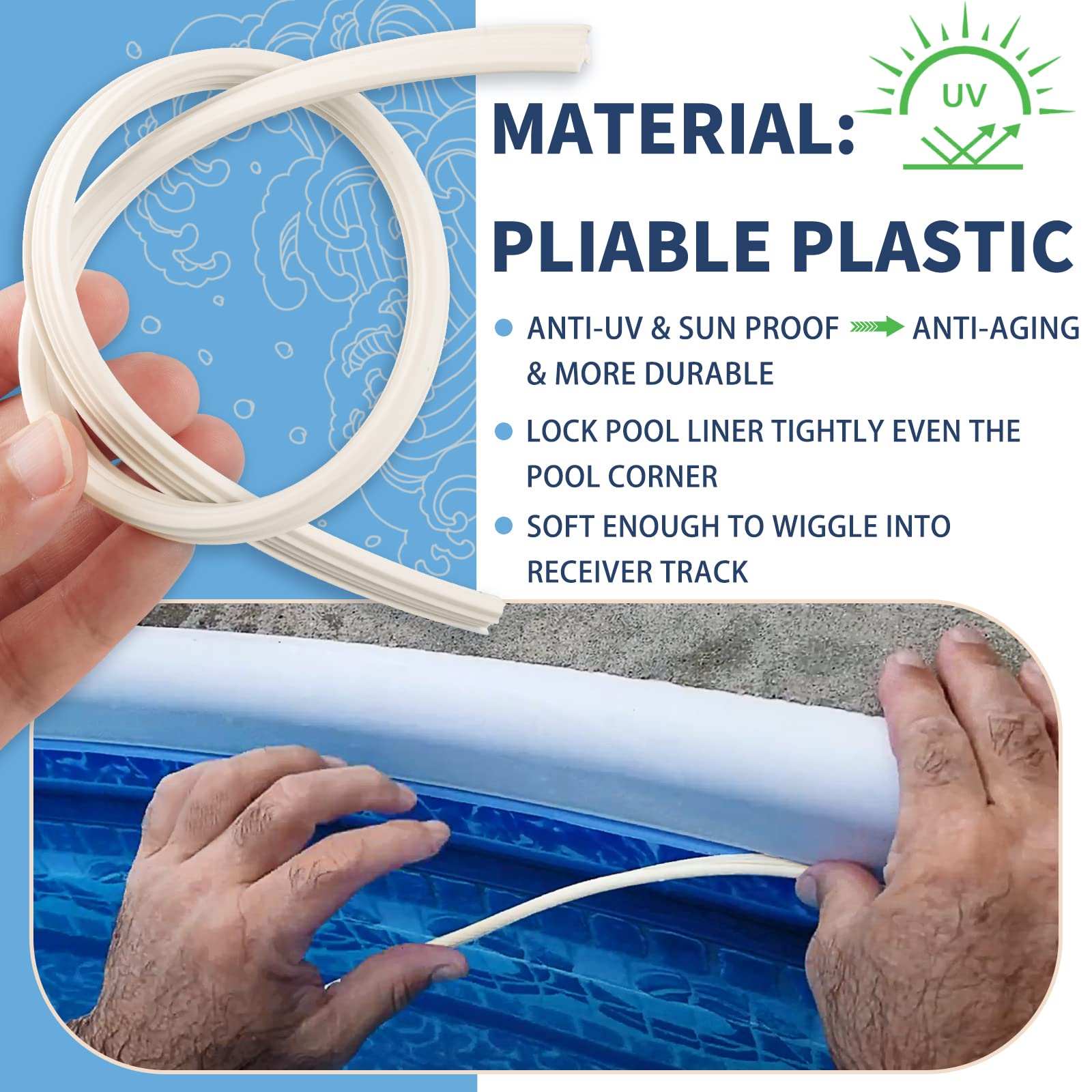 Swimming Pool Liner Locking Strips - 120ft White Pool Bead Wedge Lock Roll, Pliable Plastic Flexible Pool Liner Repair Kit Fit for most Above-Ground & In-Ground Swimming Pool Vinyl Beaded Liners