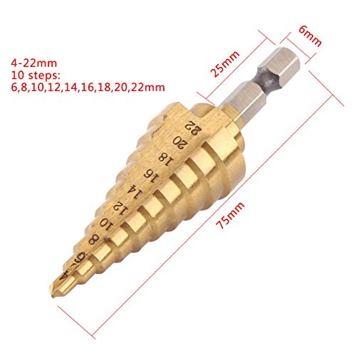 HSS Titanium Coated Step Drill Bit Set, 1/4" Hex Shank Quick Change Cone Bits Hole Expander for Wood and Metal, 10 Step Sizes from 4mm to 22mm