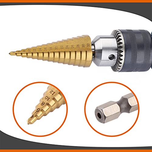 HSS Titanium Coated Step Drill Bit Set, 1/4" Hex Shank Quick Change Cone Bits Hole Expander for Wood and Metal, 10 Step Sizes from 4mm to 22mm